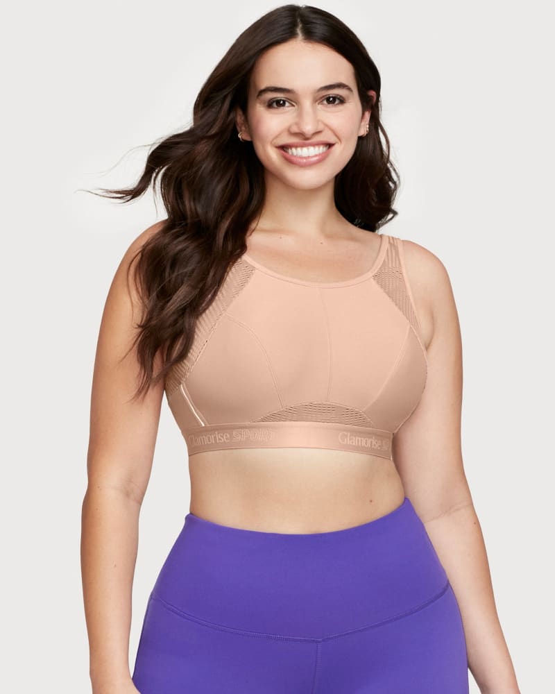 Front of a model wearing a size 36F No-Sweat Mesh Sports Bra in Cafe by Glamorise Sport. | dia_product_style_image_id:263170
